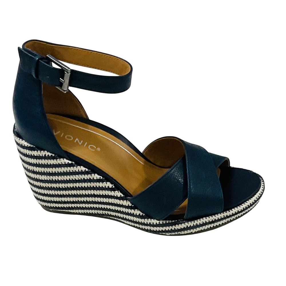 VIONIC Marina womens platform wedge heel sandal navy stripe ankle strap NWT 8 - Picture 2 of 12